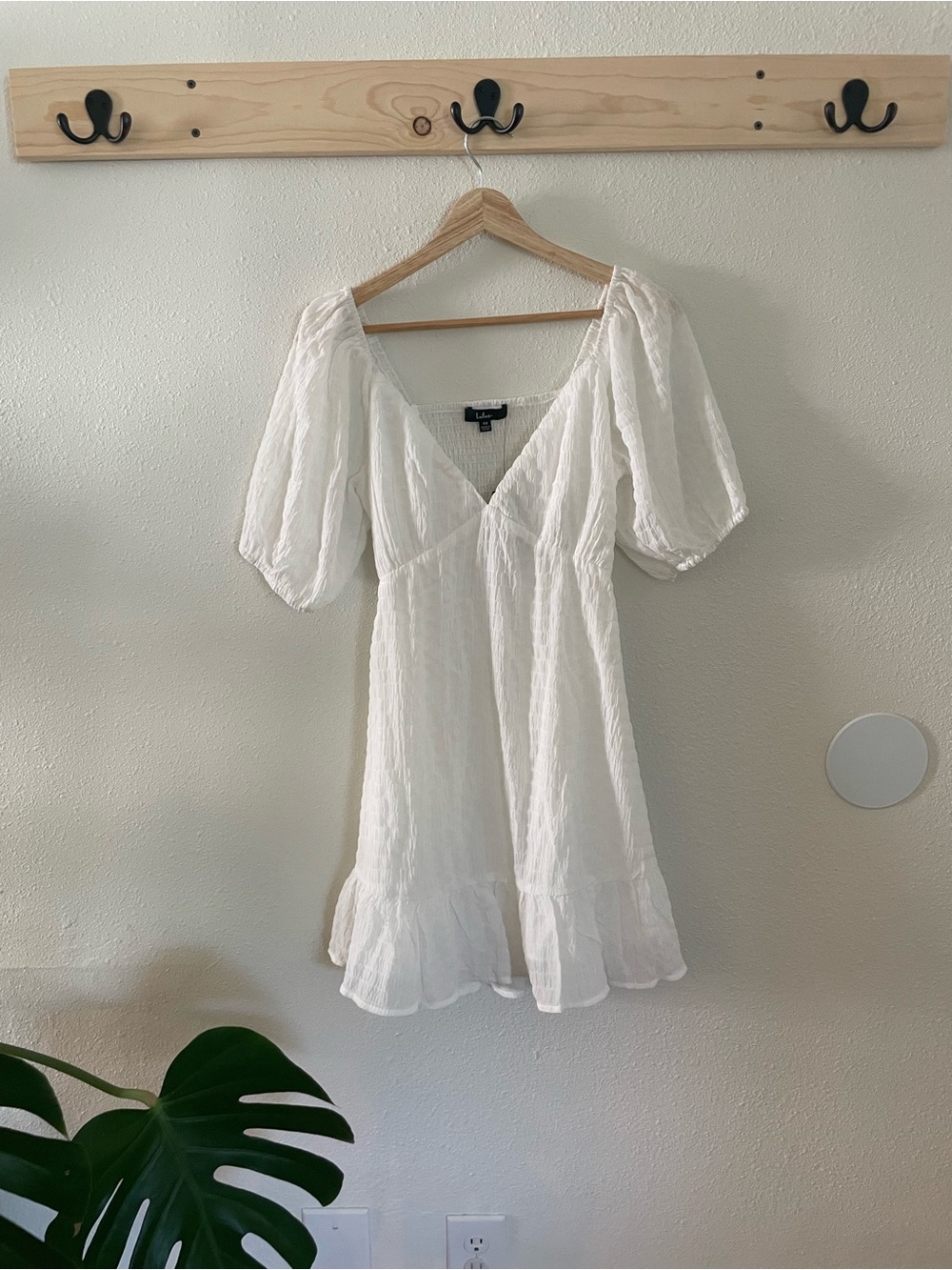 Lulu's White V-Neck Puff Sleeve Mini Dress